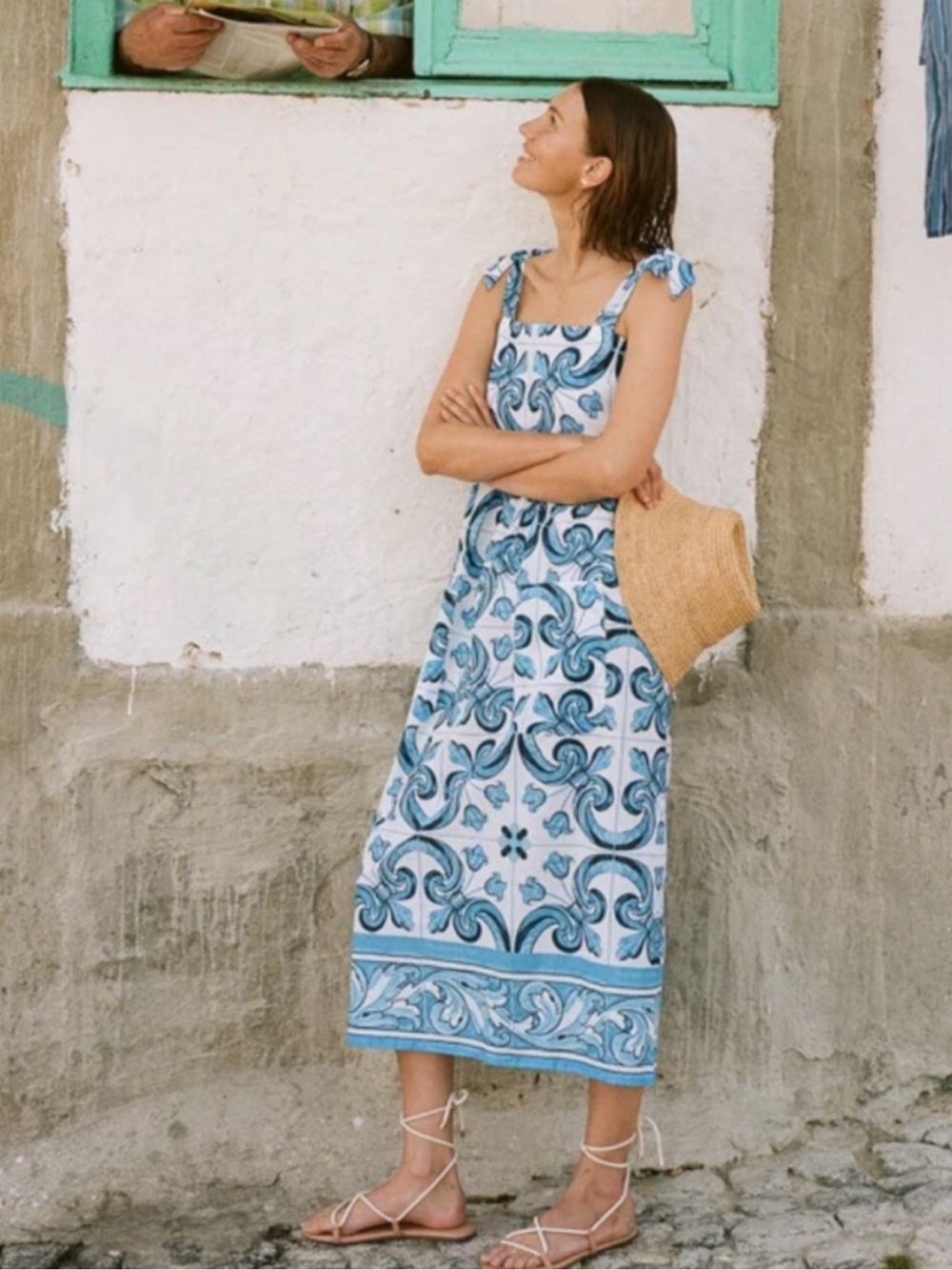 Tuckernuck Blue and White Printed Tie-Shoulder Maxi Dress